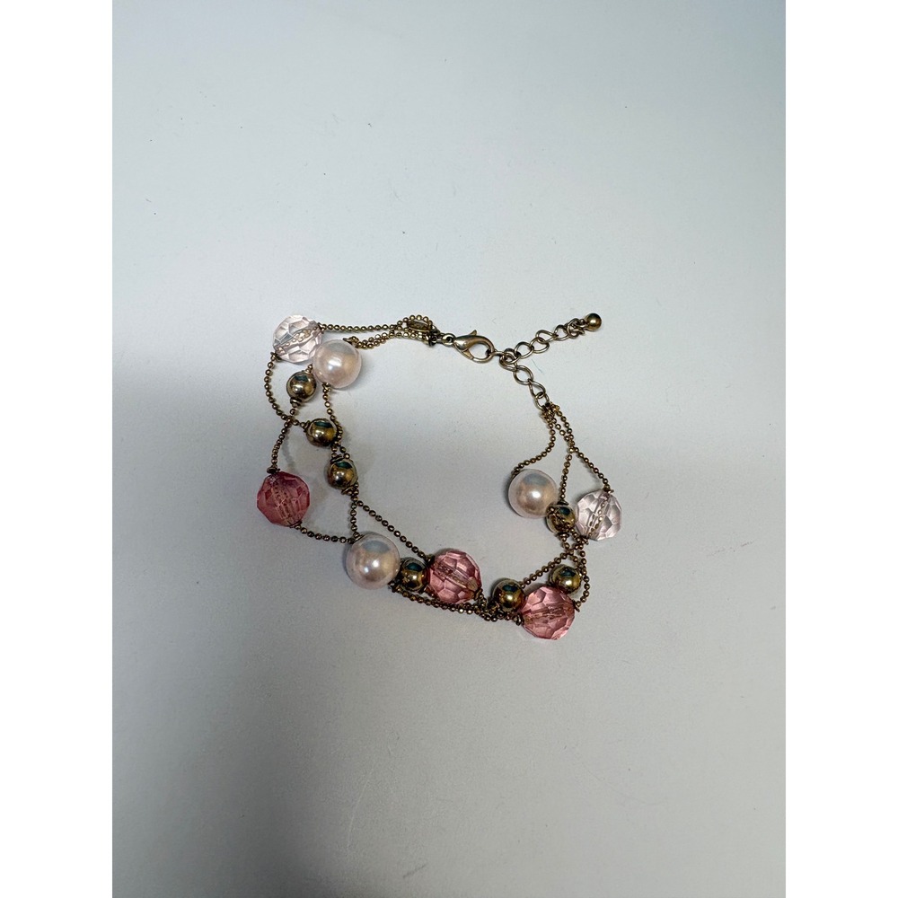 Premier Multi-Strand Faux Pearl Pink Faceted Bead Gold Tone Ball Chain Bracelet